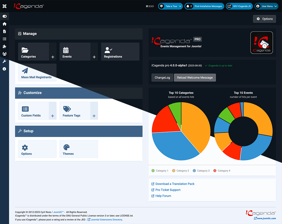 Light/Dark Mode view of iCagenda 4 admin dashboard